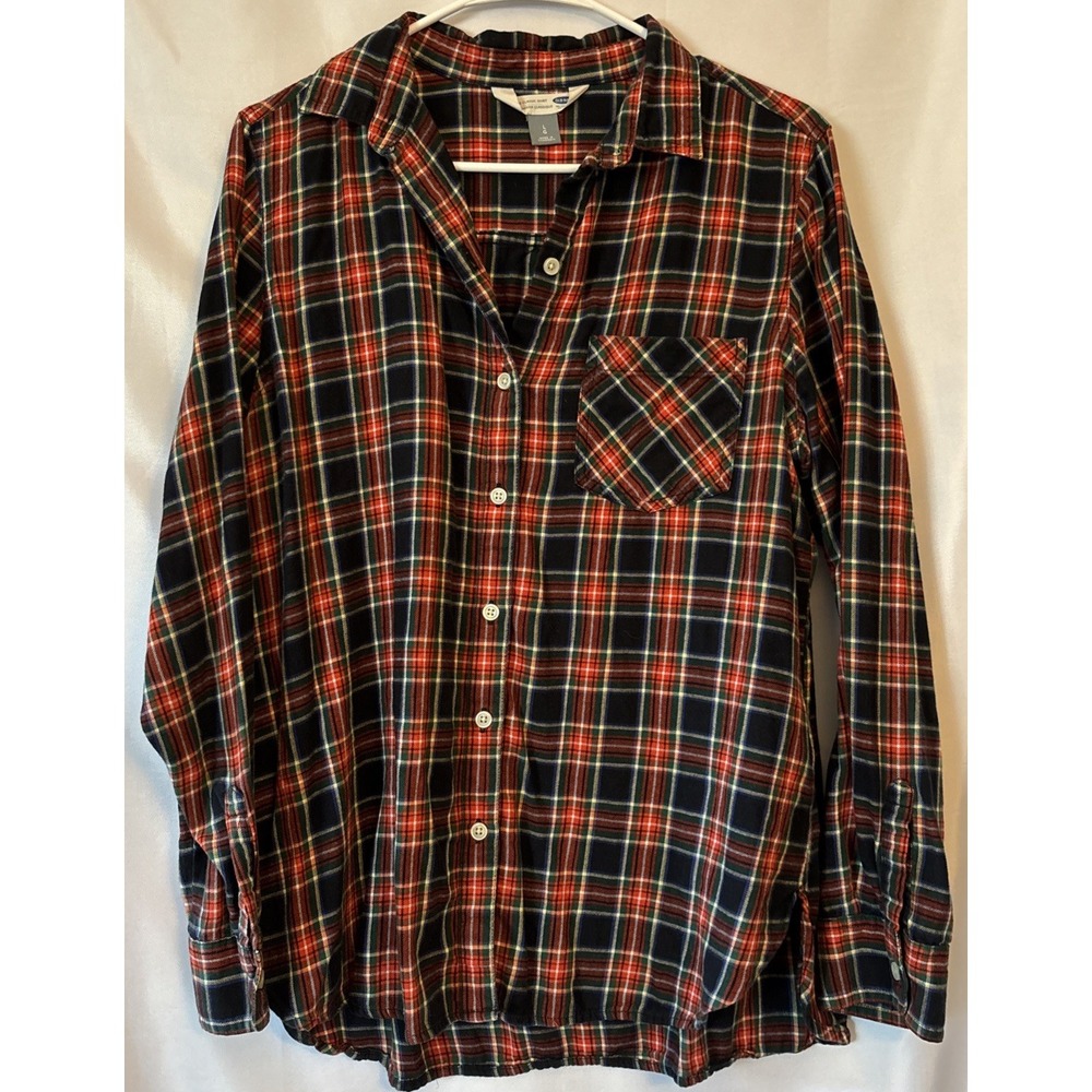 Old Navy The Classic Shirt Flannel Womens Size L Black Plaid Long Sleeve